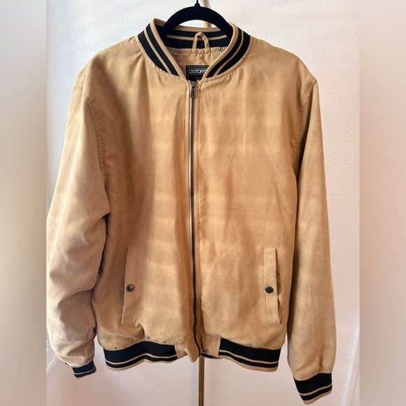 Distortion Tan Bomber Jacket Men’s XXL Varsity Style Zip Front Lightweight - Picture 2 of 5